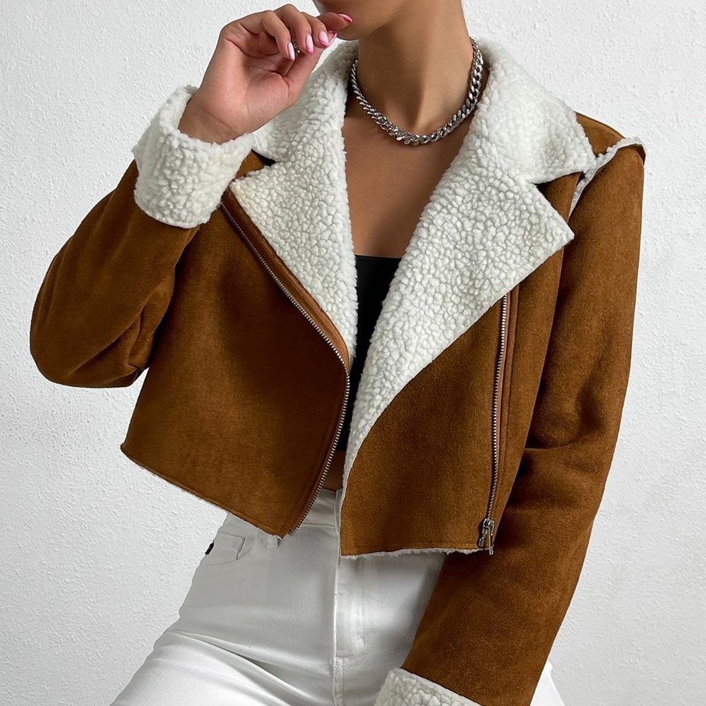 New Teddy Lined Zip Up Crop Faux Suede Jacket Brown